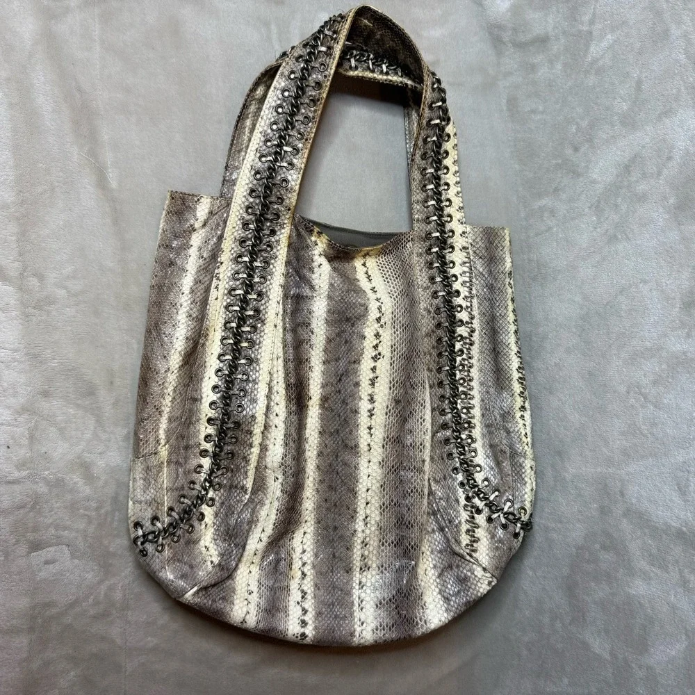 Beirn Snakeskin Double Handle Hobo Tote Bag Neutral Cream‎ with chain